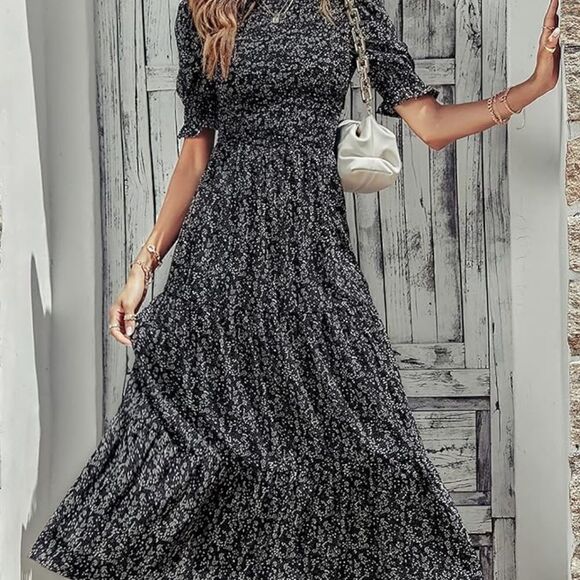 Spring Crew Neck Ruffle Short Sleeve Floral Print Smocked Boho Flowy Maxi Dress - Picture 1 of 8